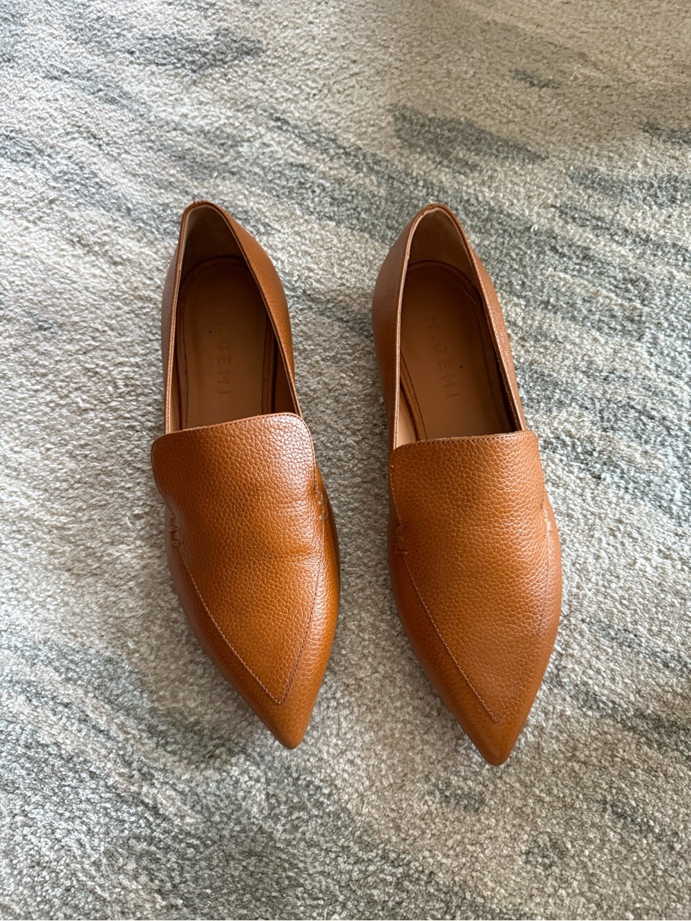 Pointed Leather Slip-On Flats in Cognac Brown